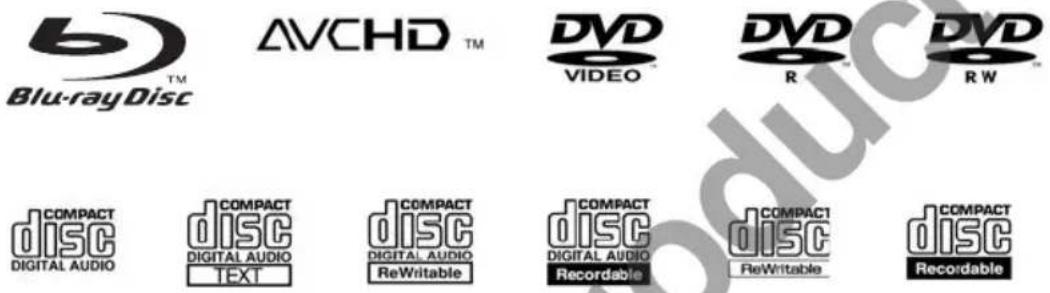 Blu-rayDisc™ AVCHD™ DVD VIDEO™ DVD R™ DVD RW™ COMPACT disc DIGITAL AUDIO COMPACT disc DIGITAL AUDIO Text COMPACT disc DIGITAL AUDIO ReWritable COMPACT disc DIGITAL AUDIO Recordable COMPACT disc ReWritable COMPACT disc Recordable