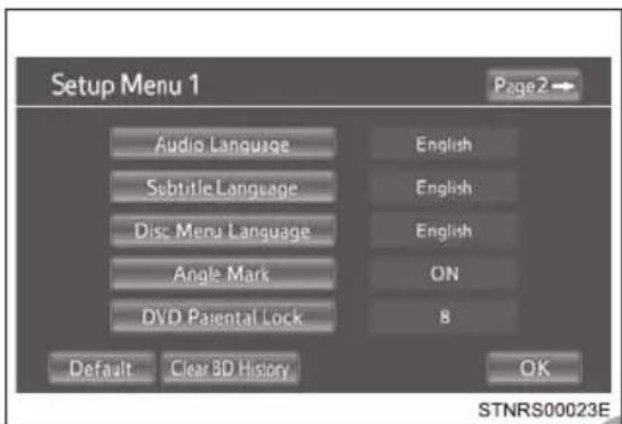 Setup Menu 1 Page 2 → Audio Language Subtitle Language Disc Menu Language Angle Mark DVD Parental Lock English English English ON 8 Default Clear BD History OK STNRS00023E
