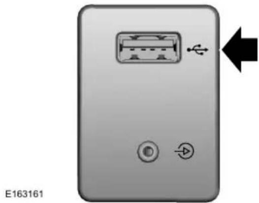 Front view of a USB flash drive with ports and an arrow indicating left-side power input (no text or symbols on the device itself)