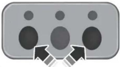Gray rectangular button with three circular holes and two black arrows pointing downward (no text or symbols)