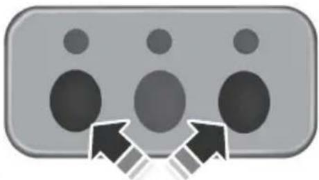 Gray rectangular button with three circular holes and two black arrows pointing downward (no text or symbols)