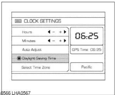 CLOCK SETTINGS Hours ← - + > Minutes ← - + > Auto Adjust ● Daylight Saving Time Select Time Zone 06:25 GPS Time 06:25 Pacific 0566 LHA0567