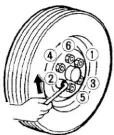 Diagram of a pulley system with numbered components and directional arrow indicating rotation or movement
