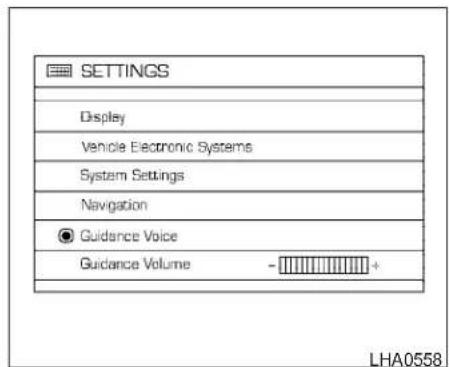 SETTINGS Display Vehicle Electronic Systems System Settings Navigation ● Guidance Voice Guidance Volume - LHA0558