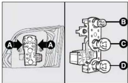 Technical diagram showing a mechanical component with labeled parts A and D, alongside its exploded view with labeled connections.