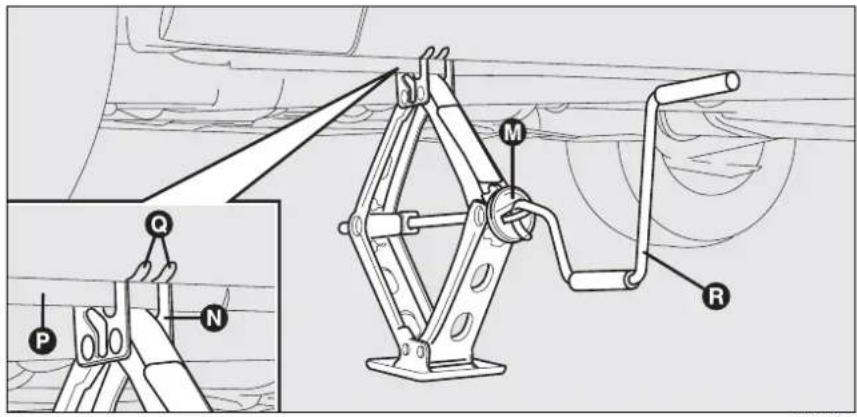 Technical diagram of a mechanical linkage system with labeled parts (P, Q, N, M, R) and an inset showing a hand holding a tool.