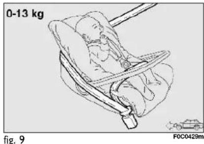 Illustration of a baby in a car seatbelt, labeled 0-13 kg and F0C0429m (no text or symbols on the diagram itself)