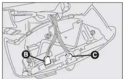 Technical diagram of a vehicle engine bay with labeled components A, B, and C