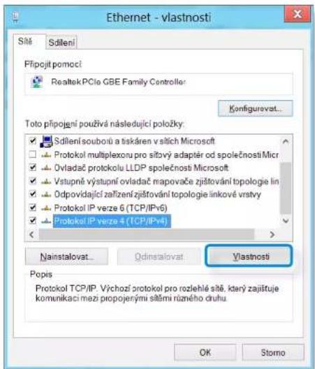 Ethernet - vlastnosti S#E Sdileni Přípojit pomocí Realtek PCIe GBE Family Controller: Konfigurevat... Toto připojení používá následující položky: Sdilenisoubou a tiskáren v sitích Microsoft Protokol multiplexonu pro sičový adaptér od společností Micr Ovladač protokolu LLDP společností Microsoft Vstupné výstupní ovladač mapovače zjišťování topologie lin Odpovídající zařízení zjišťování topologie linkové vrstvy Protokol IP verze 6 (TCP/IPv6) Protokol IP verze 4 (TCP/IPv4) Nainstalovat... Qdinstalovat Vlastnosti Popis Protokol TCP/IP. Výchozí protokol pro rozlehlé sitě, který zajistuje komunikaci mezi propojenými sitěrní různého druhu OK Storno