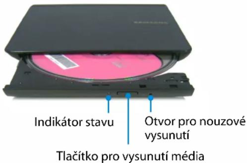 Indikátor stavu Otvor pro nouzové vysunutí Tlačitko pro vysunutí média