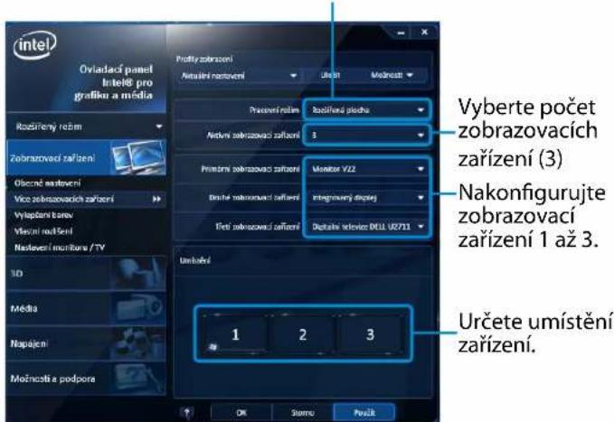 Intel Oviadaci panel Intel® pro grafiku a media Zobrazovaci zařízení Obecné nastavení Vice zobrazovacích zařízení Vyloptom toreve Vlasní rodšení Naslovení monitor / TV 3D Média Napájení Močností a podpore Profiz zobrazení Aktuální nastavení Razifiká úrožení Pracované rozvan Rozifiká úrožení plechů Ardnění zobrazovací zařízení 3 Primární zobrazovací zařízení Monitor V12 Bristní zobrazovací zařízení Integrosvý dpořej Fistní zobrazovací zařízení Digitní věřeřice DELL UČ711 Umbaňní 1 2 3 Vyberte počet zobrazovacích zařízení (3) Nakonfigurujte zobrazovací zařízení 1 až 3. Určete umístění zařízení.