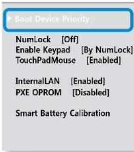 Boot Device Priority NumLock [Off] Enable Keypad [By NumLock] TouchPadMouse [Enabled] InternalLAN [Enabled] PXE OPROM [Disabled] Smart Battery Calibration