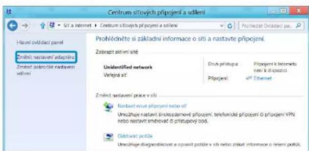 Centrum sitových připojení a sdlení Prohlédněte si základní informace o siti a nastavte připojení. Zobrazit aktivní stě Unidentified network Verejna stř Druh přístupu Přípojení Přípojení k Interneto není k dispozni Ethernet Změnět nastavení prace v siti Nastavit nove připojení neto stř Umožňuje nastavit šinckopásmové připojení, telefonické připojení 0 připojení VPN neto nastavit směrovač d přístupový bod. Oblustanat potlze Umožňuje diagnostickovat a opravit potlze v siti neto zakat informace o feněni potliz.