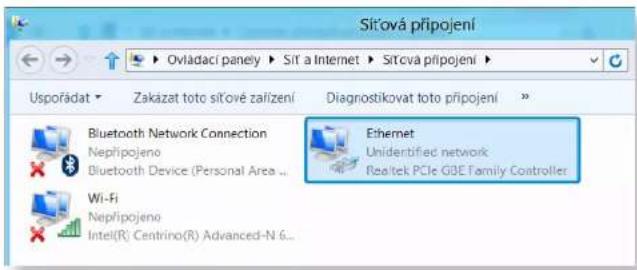 Sítová připojení Usporádat Zakázat toto sítové zařízení Diagnostikovat toto připojení Bluetooth Network Connection Nepřipojeno Bluetooth Device (Personal Area ... Wi-Fi Nepřipojeno Intel(R) Centrino(R) Advanced-N 6... Ethernet Unidentified network Realtek PCIe GBE Family Controller