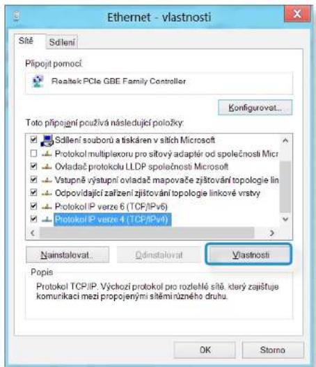 Ethernet - vlastnosti Sítě Sdlení Připojit pomocí Realtek PCIe GBE Family Controller Konfigurovat... Toto připojení používá následující položky Sdilení souborů a tiskáren v sitích Microsoft Protokol multiplexoru pro sičový adaptó od společností Micr Ovladač protokclu LLDP společností Microsoft Vstupně výstupní ovladač mapovače zjištování topologie lin Odpovídající zařízení zjištování topologie linkové vrstvy Protokol IP verze 6 (TCP/IPv6) Protokol IP verze 4 (TCP/IPv4) Nainstalovat. Odnastalovat Vlastnosti Popis Protokol TCP/IP. Výchozí protokol pro rozlehlé sitě, který zajištuje komunikací mezi propojenými stěmi rúzného druhu. OK Storno