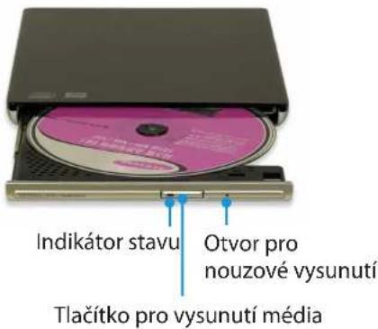 Indikátor stavu Otvor pro nouzové vysunutí Tlačitko pro vysunutí média