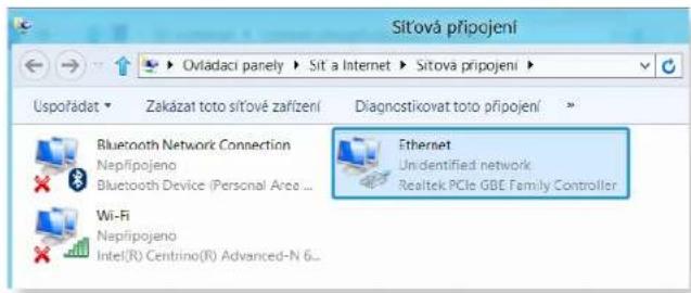 Sítová připojení Usporádat Zakázat toto sítové zařízení Diagnostikovat toto připojení Bluetooth Network Connection Nepřipojeno Bluetooth Device (Personal Area ... Wi-Fi Nepřipojeno Intel(R) Centrino(R) Advanced-N 6... Ethernet Unidentified network Realtek PCIe GBE Family Controller