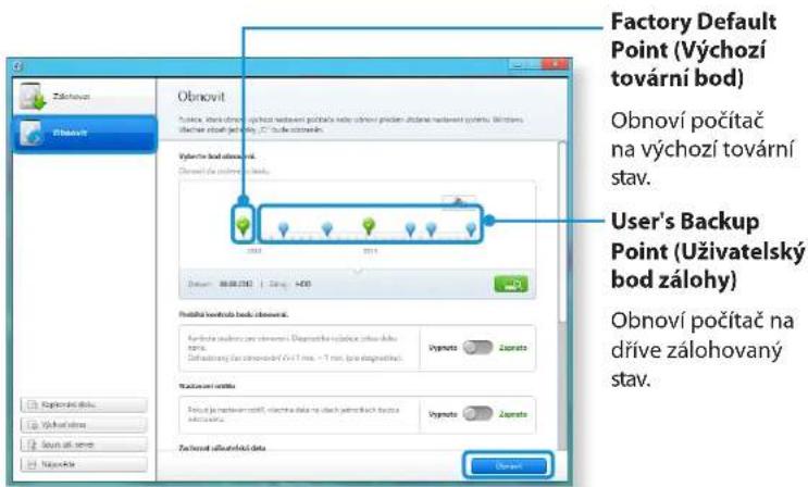 Factory Default Point (Výchozí tovární bod) Obnoví počítač na výchozí tovární stav. User's Backup Point (Uživatelský bod zálohy) Obnoví počítač na dříve zálohovaný stav.