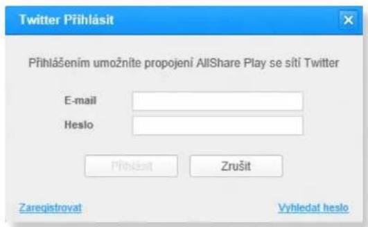 Twitter Přihlásit Přihlášením umožníte propojení AllShare Play se sití Twitter E-mail Heslo Přihlásit Zrušit Zaregistrovat Vyhledat heslo