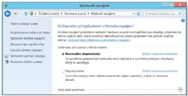 Možnosti napájení Hlevní ovladací paneľ Po procoužení požadovat hasto Nastavení statistika napájení Nastavení pro zavlení vřka Vyvořit schémá napájení Nastavení vypnání displeje Nastavení rečimu spánku Volba nebo přizpůsobení schématu napájení Schéma napájení je kolnice nastavení hardwaru a systému (například jasu displeje, přepínání do rečimu spánku stát), která umožňu/ň nakonfiguranost, jejím zpísobem má počítěč využřívat energiš. Zvocrazd další informace o schématučem napáješ Schémata zobražaná a měřídě batarle Rovnova (doporučene) Změnit nastavení schématu Je výstřátenia automistická rovnovaha meži výcionem a spotřebou energie v hardwaru, který to umožňuje. Úsporný režim Změnit nastavení schématu Spotřeba energie bacle naženna omzením výkonu počítěce, pouků to okolnovní dovořil. Sivyt další schémata
