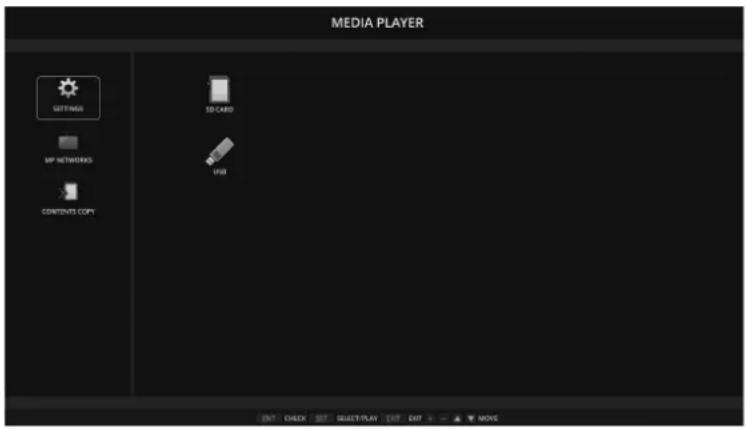 MEDIA PLAYER SETTINGS MP NETWORKS CONTENTS COPY SD CARD USB OUT CHECK SUBPLAY OUT OUT MOV