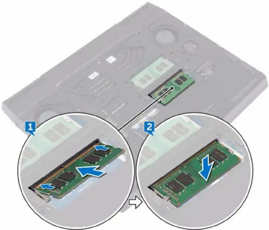 Diagram showing two views of a computer RAM module with labeled components and directional arrows indicating process steps.