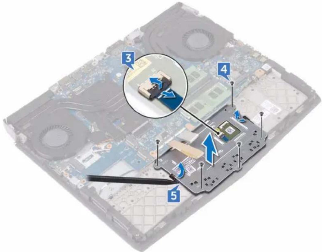 Laptop screen with labeled components and a magnified inset showing a device close-up, likely for assembly or repair.