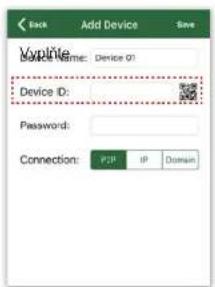 Add Device Save Vypinte Name: Device 01 Device ID: Password: Connection: PJP IP Domain