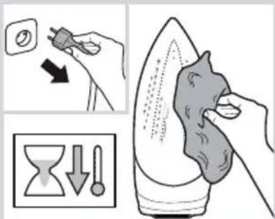 Illustration showing a hand using a power plug to clean air, with an hourglass icon and downward arrows indicating cooling or damage.