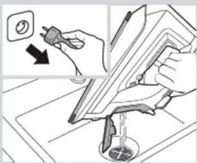 Diagram illustrating a procedure for cleaning or cleaning a tool, with an arrow indicating the step and a magnified inset showing the tool's tip.