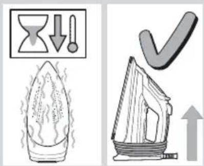 Illustration showing a fire extinguisher and a moving iron with warning symbols and an upward arrow, indicating environmental hazard.