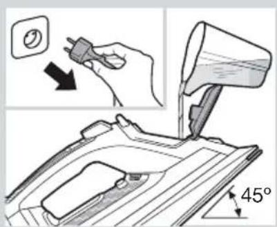 Diagram showing a hand using a power plug to adjust a 45-degree angle on a machine component, with an inset image of the switch and a magnified view.