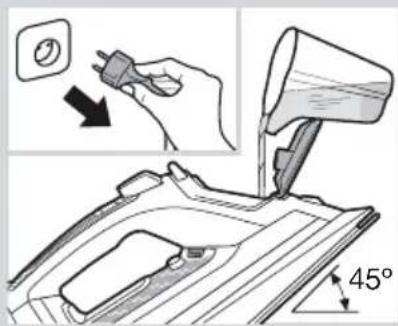 Diagram showing a hand using a power plug to adjust a 45-degree angle on a machine, with an inset highlighting the switch.