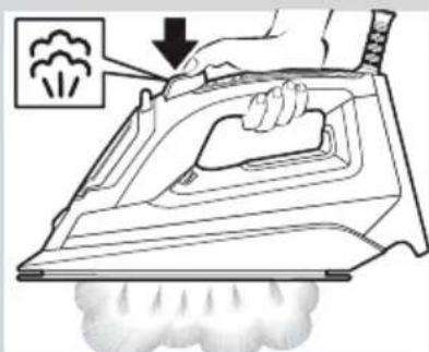 Diagram showing a hand using an iron on a steam machine with exhaust smoke, indicating environmental impact.
