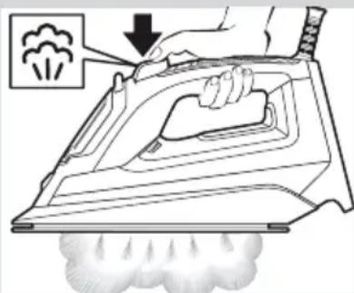 Diagram showing a hand using an iron on a steam iron with exhaust smoke, indicating environmental impact.