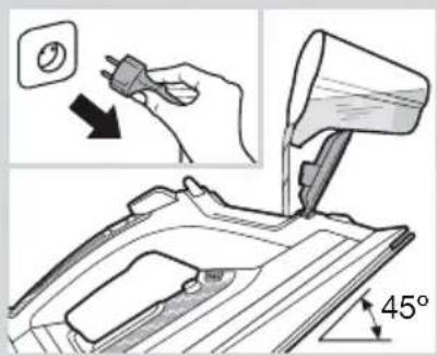 Diagram showing a hand using a power plug to adjust a 45-degree angle on a machine, with an inset highlighting the switch.