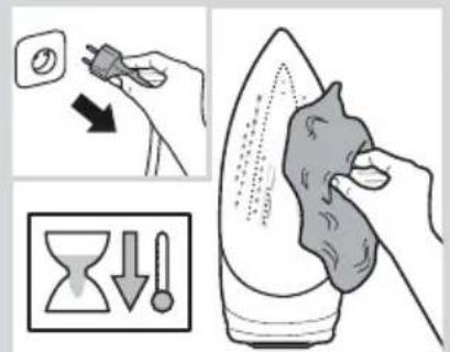 Illustration showing a hand using a power tool to clean air, with an hourglass icon and downward arrows indicating cooling or heating process.