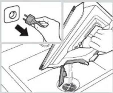 Diagram illustrating a procedure for cleaning a kitchen appliance, showing step-by-step steps with a magnified view of the tool.