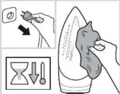 Illustration showing a hand using a power tool to clean air, with an hourglass icon and downward arrows indicating cooling or damage.