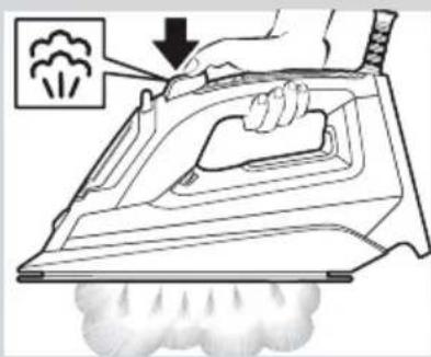 Diagram showing a hand using an iron on a steam machine with exhaust smoke, indicating environmental impact.