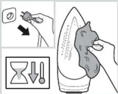 Illustration showing a hand using a power tool to clean air, with an hourglass icon and downward arrows indicating process.