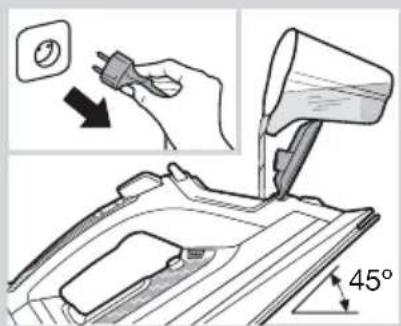 Diagram showing a hand using a power plug to adjust a 45-degree angle on a device, with an inset image of the switch and a magnified view.