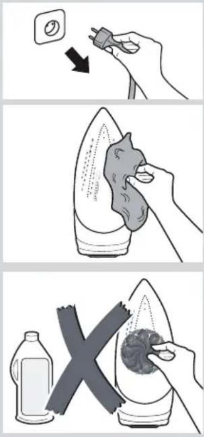 Illustration showing three steps of hair ironing: adding a plastic cap, cleaning a cloth, and removing a bottle.