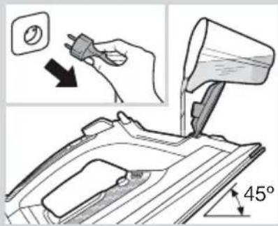 Diagram showing a hand using a power plug to clean air from a machine, with 45-degree angle标注 and magnified view.