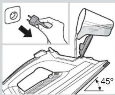 Diagram showing a hand using a power plug to clean air from an electric iron, with a 45-degree angle indicator.
