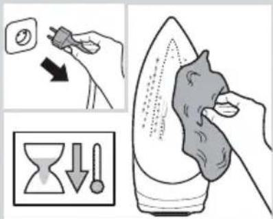 Illustration showing a hand using a power tool to clean air, with an hourglass icon and downward arrows indicating cooling or damage.