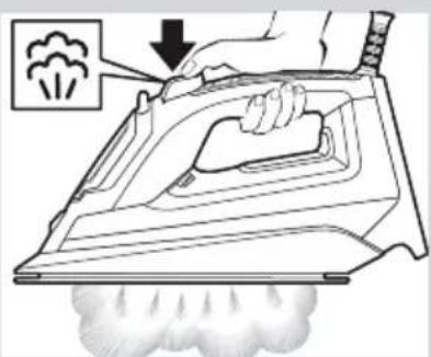 Diagram showing a hand using an iron on a steam machine with smokestacks, indicating dust emission or dust removal.