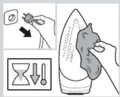Illustration showing cleaning steps: adding a brush to a circular object, using an hourglass with downward arrows to clean air.