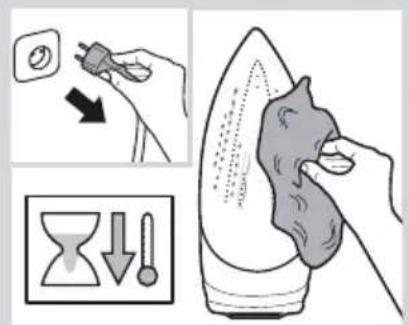 Illustration showing a hand cleaning a hair iron with a dropper, accompanied by a water level indicator and magnified view.
