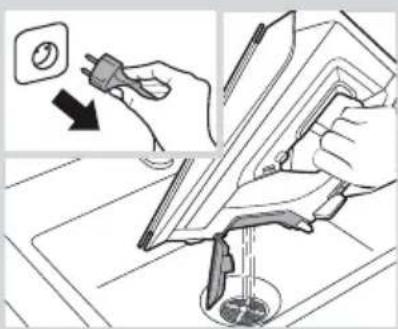 Diagram illustrating a procedure for cleaning a kitchen appliance, showing tool insertion and cleaning steps with magnified view.